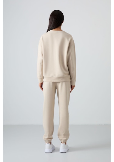 Tommy Life Bej Basic Pamuklu O Yaka Oversize Lastik Paça Kadın Eşofman Takım - 95287 Bej
