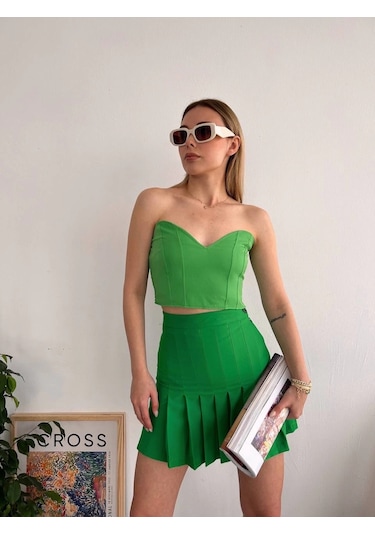 Pileli Düğmeli Etek Açık Yeşil S24811 Yeşil