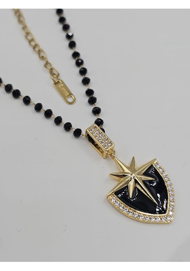 Siyah Taşlı Dorika Boncuklu Çelik Kalkan Kolye Siyah