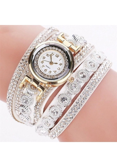 Beyaz Vintage Bayan Taklidi Dekor Yuvarlak Kadran Analog Kuvars Bilek İzle Bilezik