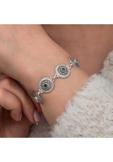 Artsmagazinmücevher Gümüş Telkari Zümrüt Taşlı Kadın Bileklik