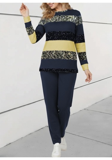 Evyora Kadın Uzun Kollu Bisiklet Yaka Çizgili Desen Iki Iplik Bluz Ve Pantolon Ikili Takım Sarı