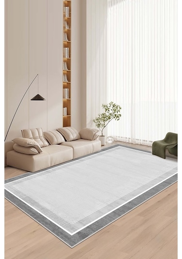 West Home Makinede Yıkanabilir Kaymaz Taban Leke Tutmaz Gri Çizgili Salon Halısı Mutfak Halısı Ve Yolluk