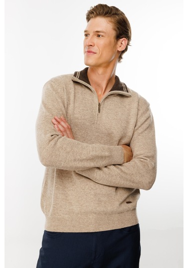 Erkek Fermuarlı Yaka Klasik Yün Kazak K.bej K.bej