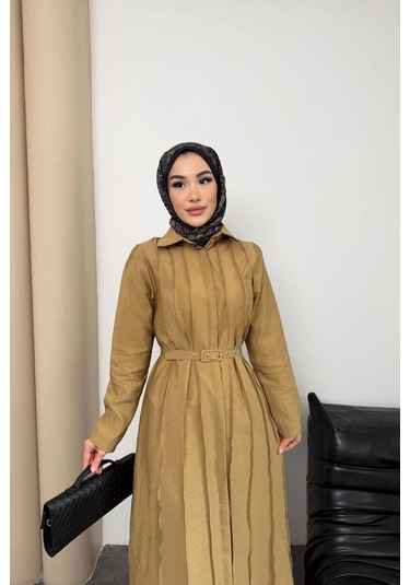 Mihran Butik Quenn Model Coupra Model Kumaş Kemer Detaylı Elbise Hardal