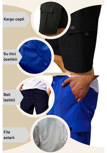 Haki Kargo Cepli Uzun Model Su İtici Özellikli Düz Renk Erkek Plaj Deniz Şort - 444-haki 001