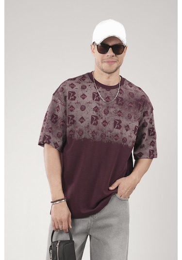 King-Brich Oversize Kalıp Logo Baskılı Bisiklet Yaka Basic Tişört Bordo
