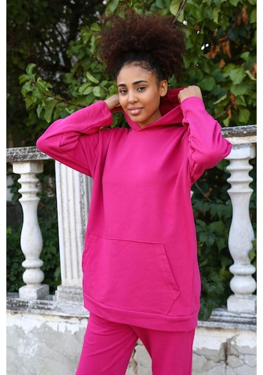 Akbeniz Kadın Pamuk Kapşonlu Cepli 3 İplik Fuşya Eşofman Takım 9037-fuşya Fuşya