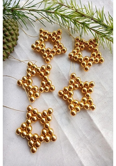 Stars - 5 Adet Parlak Gold Yıldız Dekoratif Süs - Kapı Süsü - Yıl