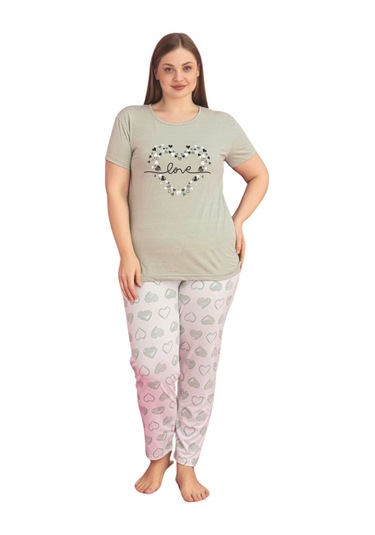 X-dreamy Büyük Beden Pamuklu Kalp Desenli Kısa Kollu Pijama Takımı Yeşil