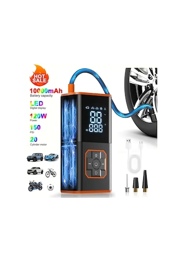 Primepickings Taşınabilir Lastik Şişirme Cihazı 150 Psı Hızlı Şişirme Şarj Edilebilir 2000mah Pil Dijital Basınç Göstergesi Led Işıklar Black Various Accessories Bag