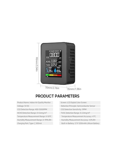 Springsun Hava Kalitesi Analizi Cihazı: Co2, Formaldehit Hcho , Tvoc, Sıcaklık Ve Nem Ölçer - Lcd Renkli Ekran, Yarıiletken Sensör, Dahili Batarya
