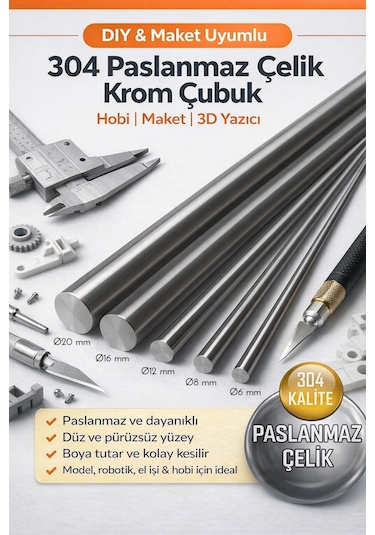 Krom Mil Ø3 Mm 1 Metre - 4 Adet - Paslanmaz Çelik Çubuk Seti