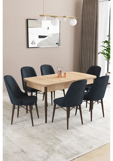 Sar Pakete Almira Serisi, Meşe Desen 80x132 Açılabilir Mdf Mutfak Masası Takımı 6 Adet Sandalye Antrasit