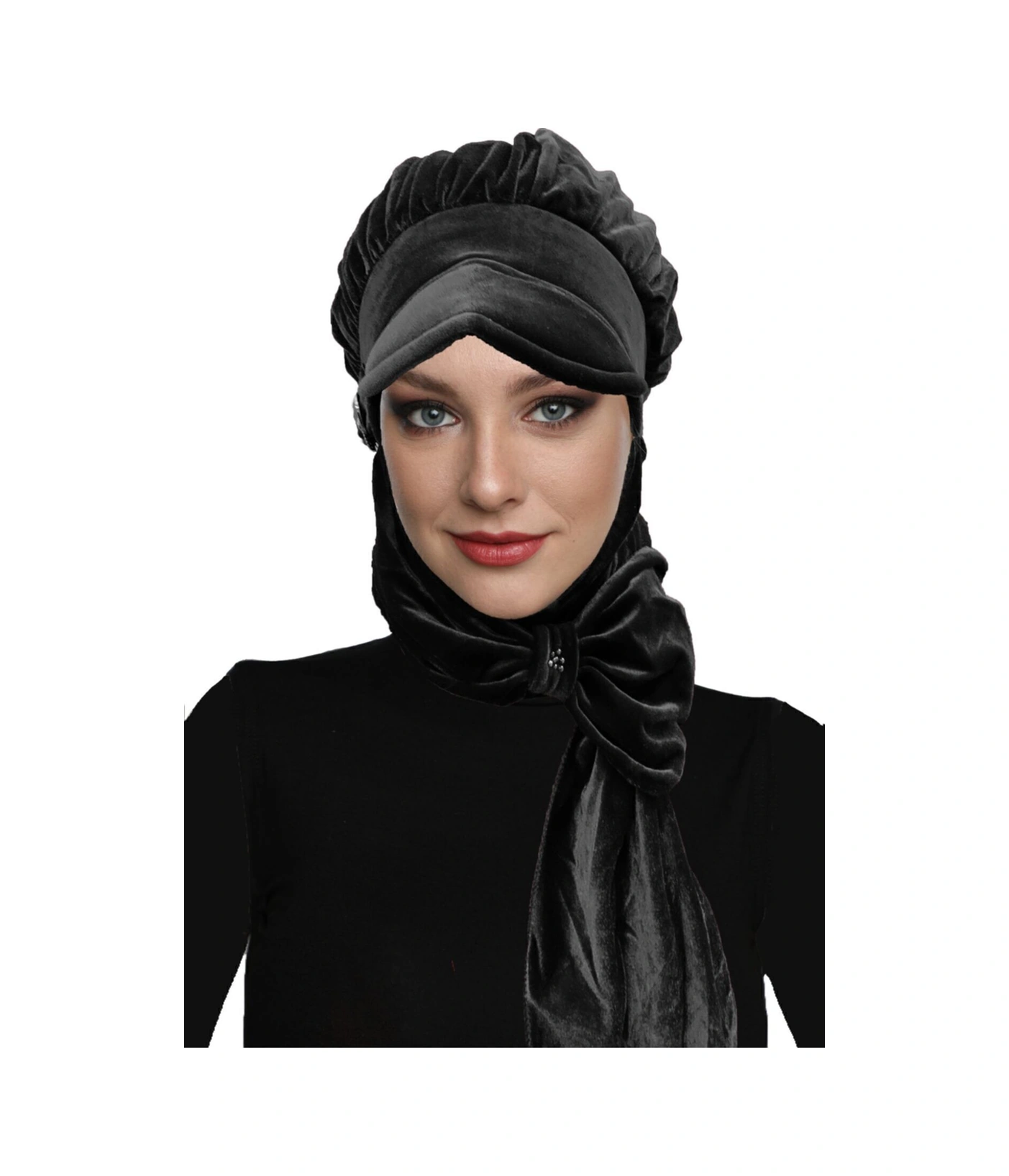 Kadife Şapka Atkılı Toka Detaylı Siyah Hazır Türban Tesettür Bone Siyah