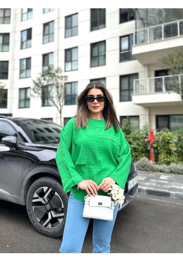 Kadın Yarasa Kol Aerobin Kumaş Bluz Yeşil
