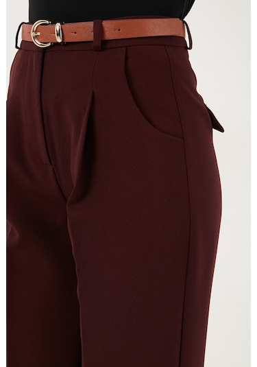 Lela Regular Fit Yüksek Bel Düz Paça Kemerli Bayan Pantolon 68350938 Mürdüm