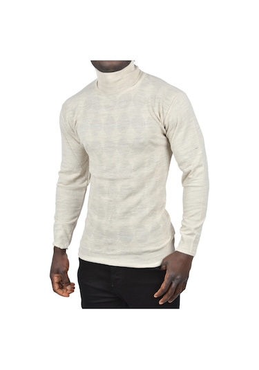 Deepsea Erkek Bej Slim Fit Baklava Desenli Tam Balıkçı Yaka Boğazlı Triko Balıkçı Yaka Kazak 2505507 Bej