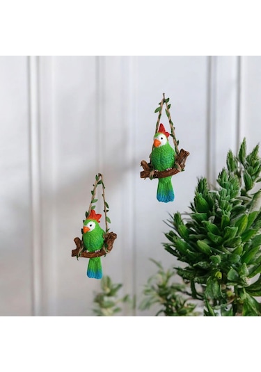 2 Adet Dekoratif Sallanan Duvar Ve Bahçe Süsü Papağan Kuş Yeşil