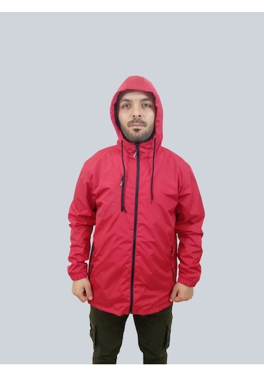 Erkek Kapüşonlu File Detaylı Kırmızı Yağmurluk Kırmızı