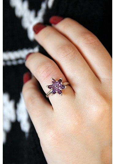 925 Ayar Gümüş Mor Lotus Çiçeği Yüzük - 34023300