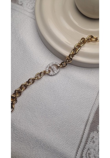 Uzel Çelik Gold Altın Renk Taşlı, Kalın Halka Detaylı Çelik Bileklik Gold