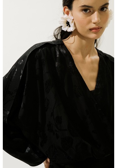 Jakarlı Saten Kimono Siyah Siyah