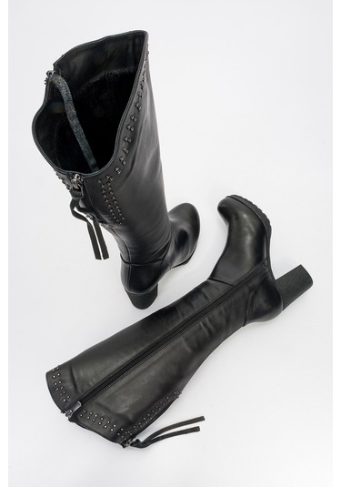 Kadın Yüksek Topuklu Fermuarlı Çizme Gerçek Deri Br 08012 Siyah Null Siyah