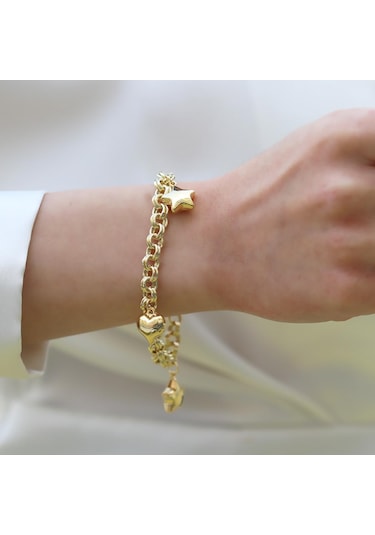 Kalp Yıldızlı Hallow Gold Gümüş Bileklik Gümüş