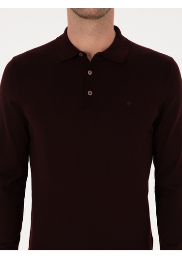 Cacharel Bordo Slim Fit Yün Karışımlı Polo Yaka Basic Triko Kazak Kırmızı