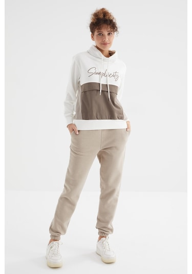Tommy Life Koyu Bej Yüksek Bel Şardonlu 3 İplik Pamuklu Basic Kadın Eşofman Alt - 94624 Koyu Bej