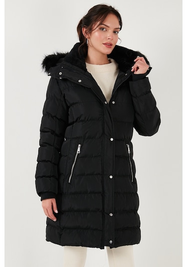 Lela  Regular Fit Çıkarılabilir Kapüşonlu Fermuarlı Cepli Şişme Bayan Mont 497Emily Siyah