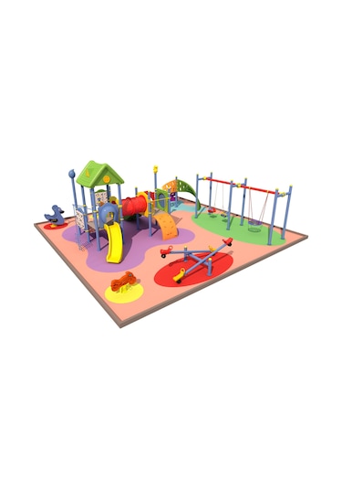 Çocuk Oyun Grubu, 6x5m İki Kaydıraklı Ev Çatılı -70 Çok Renkli