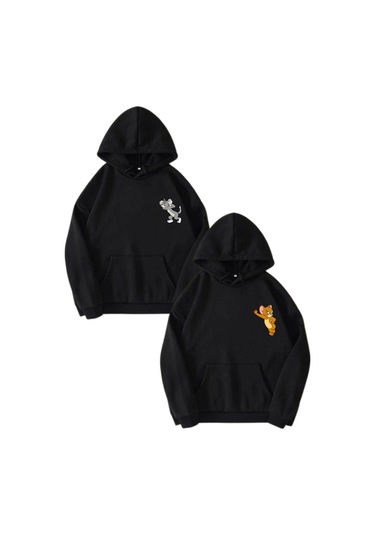 Modagen Sevgili Çift Kombini Tom Ve Jerry Tasarım 2'li Ürün Siyah Kapüşonlu Oversize Sweatshirt Siyah