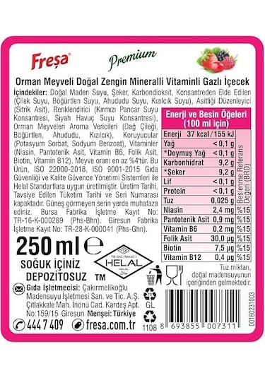 Freşa Premium Orman Meyveli Vitaminli Maden Suyu 250 Ml X 24 Adet