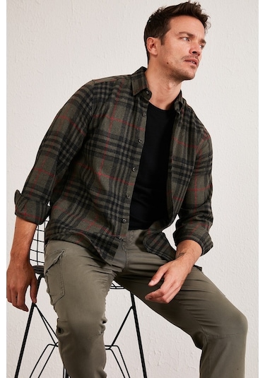 Buratti Ekoseli Uzun Kollu Slim Fit Kışlık Erkek Gömlek Cf21W112844 Haki