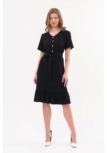 Apsen Kadın Siyah Renk Önden Düğme Detaylı Yazlık Midi Elbise 4437-105 Siyah