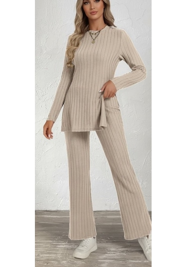Evyora Kadın Uzun Kollu Bisiklet Yaka Yandan Yırtmaçlı Şardonlu Kaşkorse Bluz Ve Pantolon Ikili Takım Bej Evyora Kadın Uzun Kollu Bisiklet Yaka Yandan Yırtmaçlı Şardonlu Kaşkorse Bluz Ve Pantolon Ikili Takım Bej
