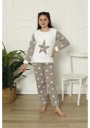 Fames Pijama Kişlik Polar Yildizli Çocuk Pijama Takim Beyaz