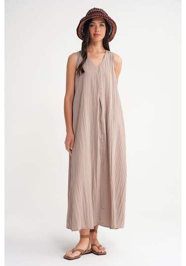 4700 Kadın V Yaka Önü Pileli Elbise Latte Latte