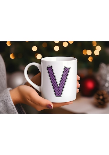 V Harfi Mor Puantiyeli Kupa Bardak - Polka Dot Tasarım Kahve Çay Bardak - Kişiye Özel Hediyelik Beyaz