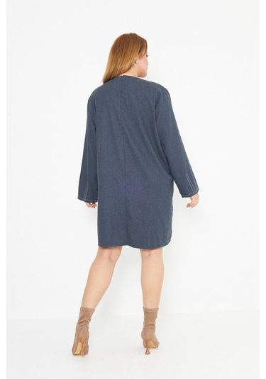 Koyu Mavi Dikiş Detaylı Büyük Beden Tunik Mavi