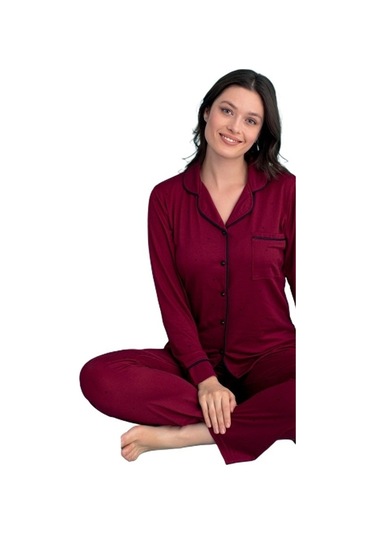 Berna Collection Kadın Pijama Takımı Düğmeli Yumuşak Dokulu Esnek Bordo