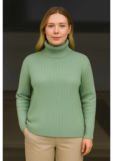 Kadın Balıkcı Yaka Bağazlı Triko Kazak Pamuklu Kalın Fitilli Dokuma - Mint Yeşili Mint Yeşili