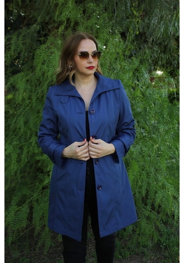 1671 Kolu Düğme Detaylı Uzun Kapişonlu Saks Büyük Beden Kadın Ceket Saks