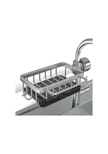 Xurunkeji Süngerlik Musluk Üstü Mutfak Lavabo Düzenleyici, Uzay Alüminyum Çıkarılabilir Askılı Musluk Gider Rafı Kancalı Gümüş Gümüş
