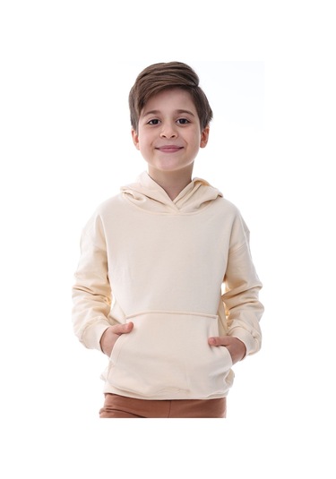 Zuzunga Basic Kapüşonlu Şardonlu Kanguru Cep Detaylı Çocuk Sweatshirt 3-10 Yaş Ekru