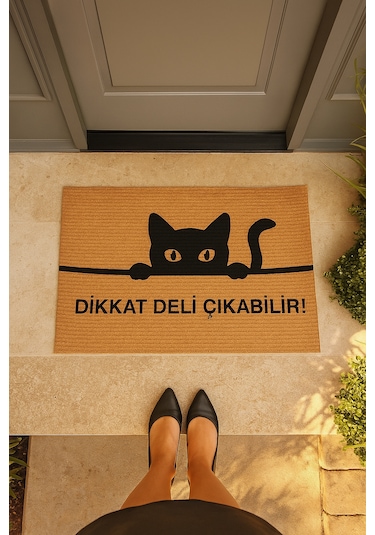 Kedili Paspas Kapı Önü Paspası Kitty Kapı Önü Kaymaz Paspas Dikkat Deli Çıkabilir Paspas Açıkkahverengi - Bej