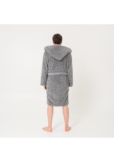 Erkek Uzun Welsoft Kapüşonlu Sabahlık-Gri