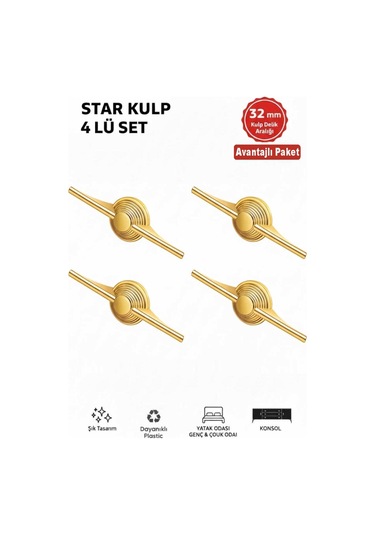 Lüks Star Kulp Altın 32mm 4 Adet Mobilya,yatak Odası, Tv Ünitesi,çocuk Ve Genç Odası, Dolap Kulpu Altın